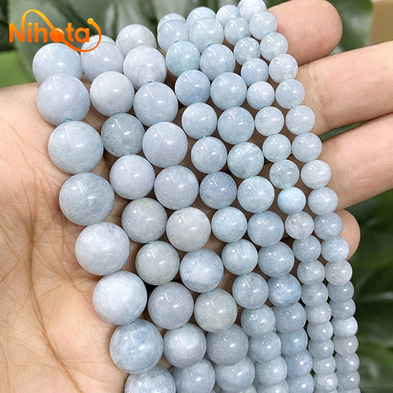 Smooth Natural Stone Light Blue Chalcedony Round Beads Bracelet Necklace Handmade DIY for Jewelry Making 6/8/10/12mm 15