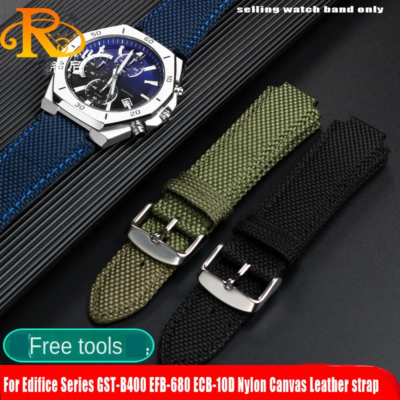 For Casio Edifice Series GST-B400 EFB-680 ECB-10D Nylon Canvas Leather Bottom Watchband Watch Band Silicone Strap 26*14 Bracelet