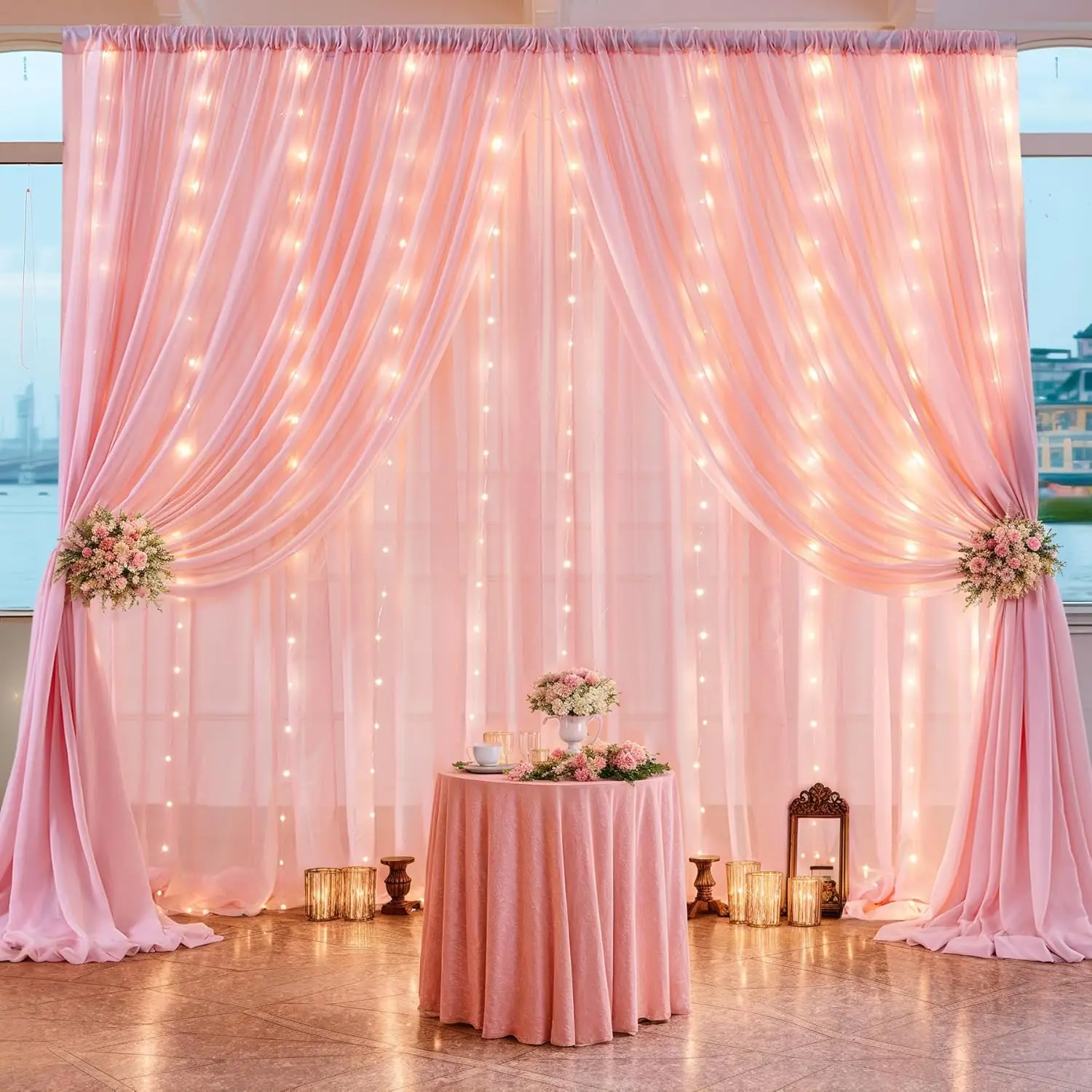 

8 Panels-5ft x 10ft Pink Tulle Backdrop with Lights for Parites Sheer Curtain Drapes Photo Back Drop for Wedding Baby Shower Bri
