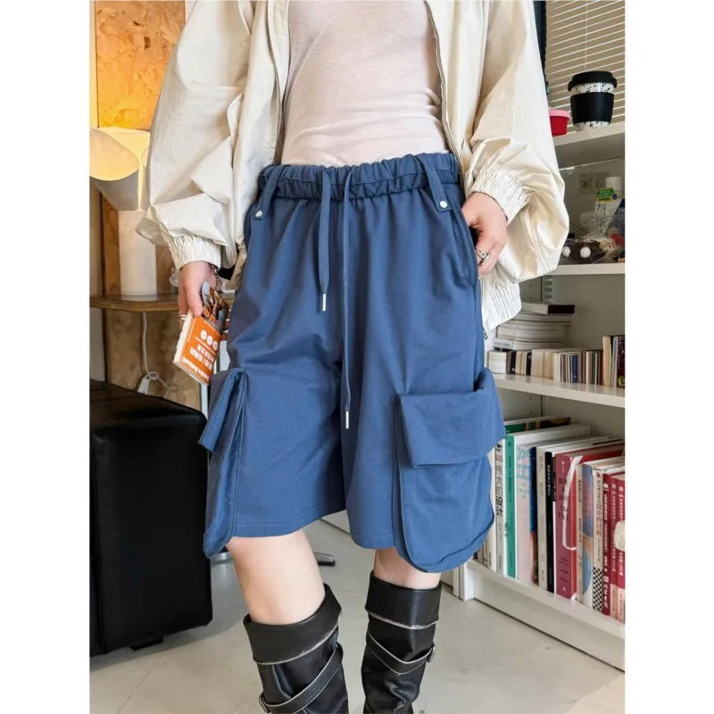 

Johnature Summer New Korean-Style Fashion Workwear Elastic Waist Large Pocket Loose Casual Women Knee-Length Pants