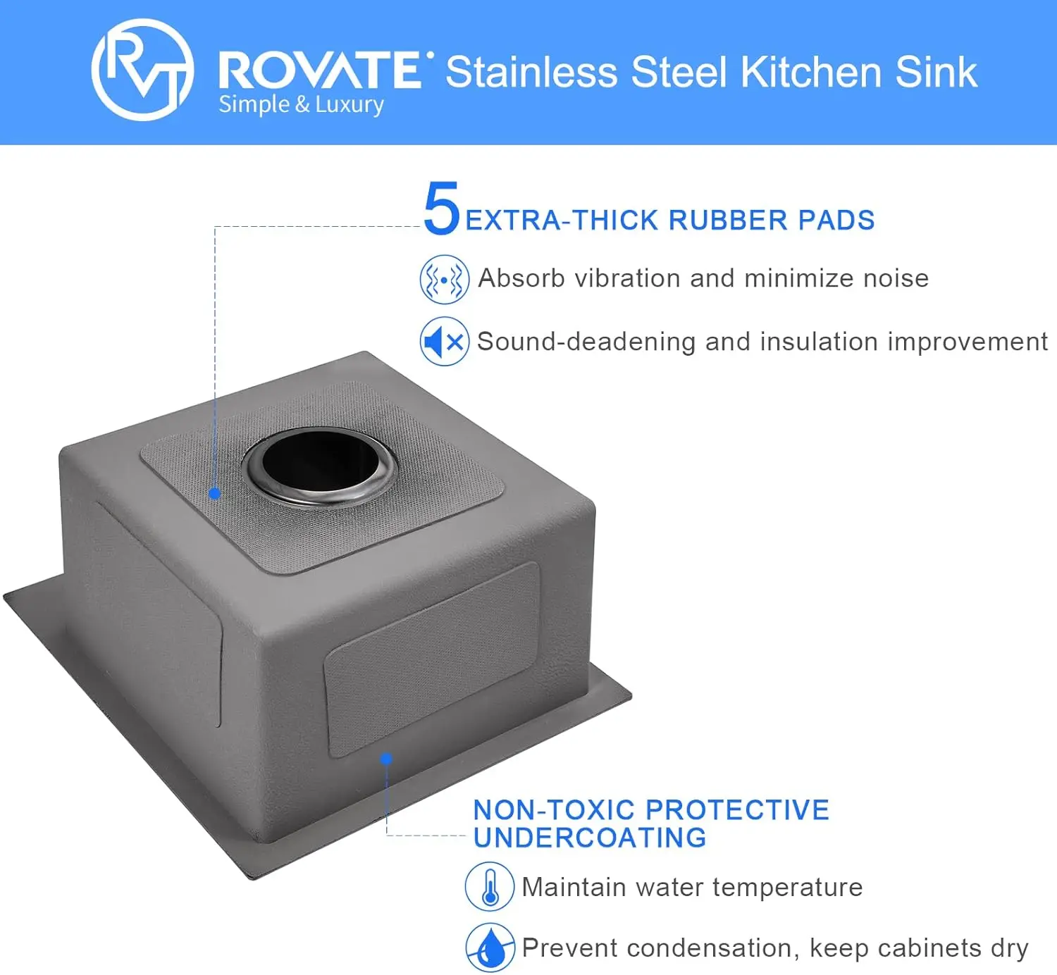 Rovate อ่างล้างจานแบบวางในบาร์ขนาด15X17นิ้วอ่างล้างจานนาโนสีดำแบบแฮนด์เมดอ่างล้างจาน T-304เดี่ยวอ่างล้างจานสแตนเลส