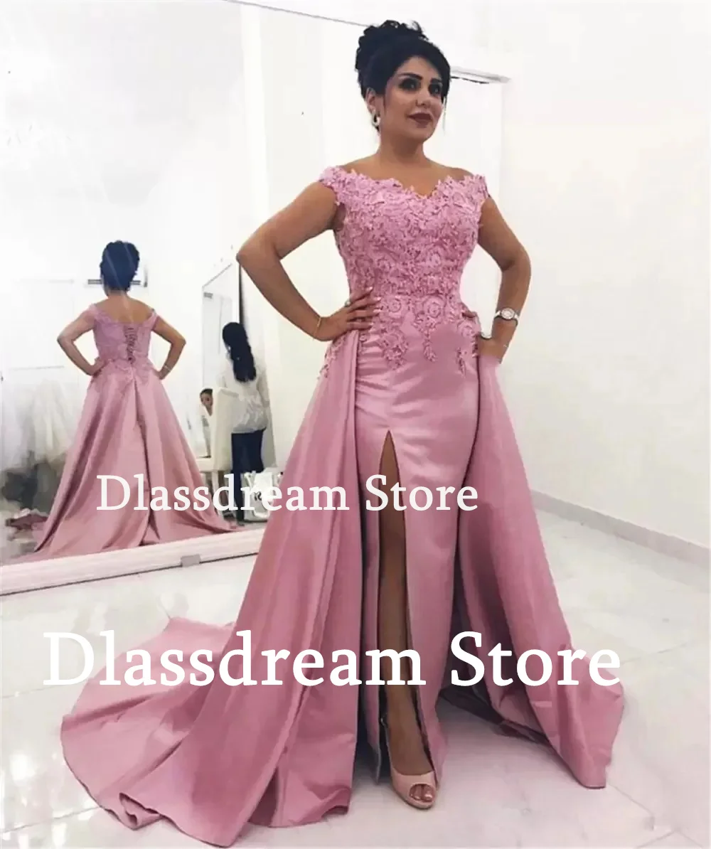 Elegant Women Prom Dress Lace Appliques Sleevelss Wedding Dress Long Party Dress Detachable A-Line Satin Train Bridesmaid Gown