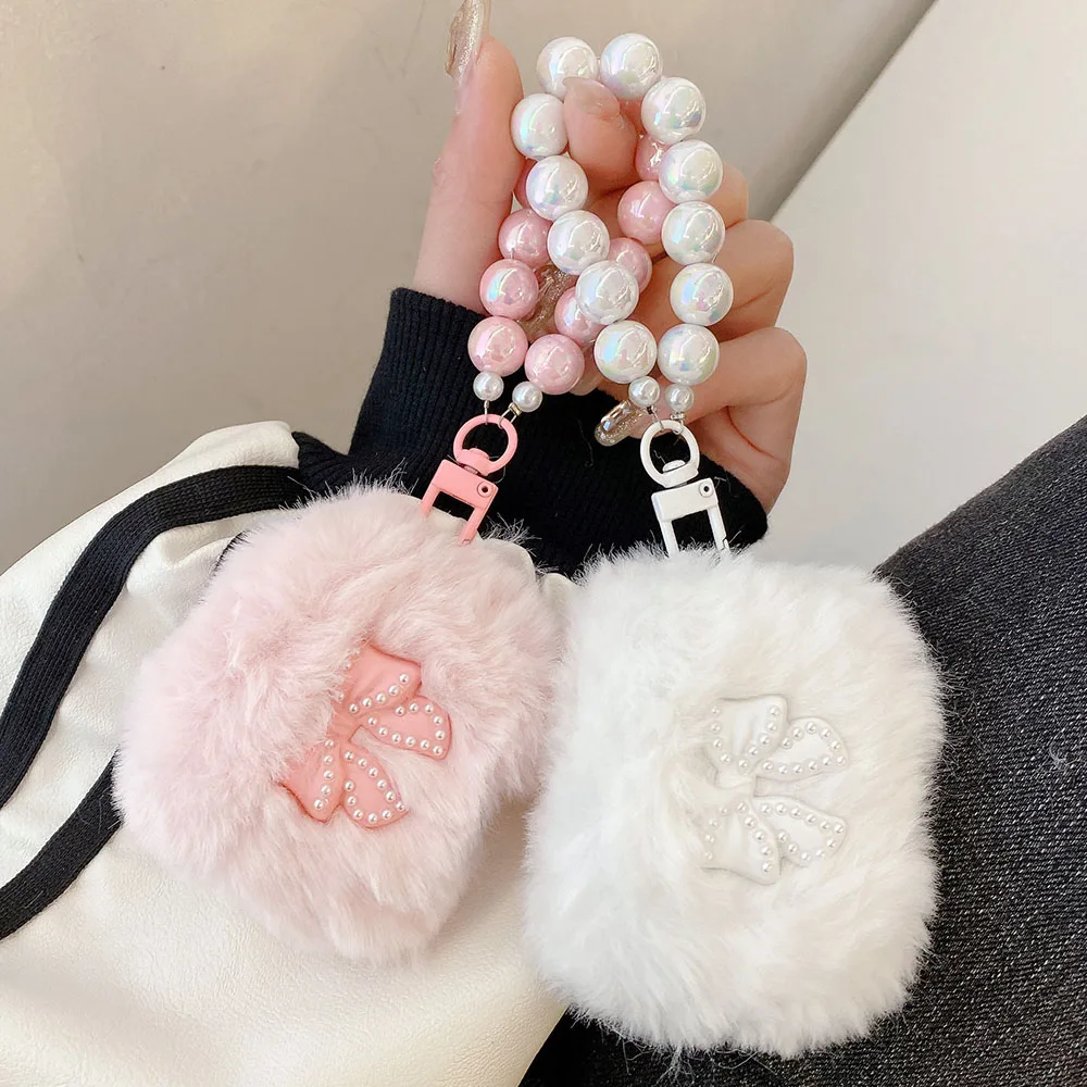 Case for Apple Airpods Pro 2 2rd 1 Plush Fluffy Bluetooth Earphone Box Cover 3D Pearl Bowknot For Airpod 3 Fundas with Bracelet