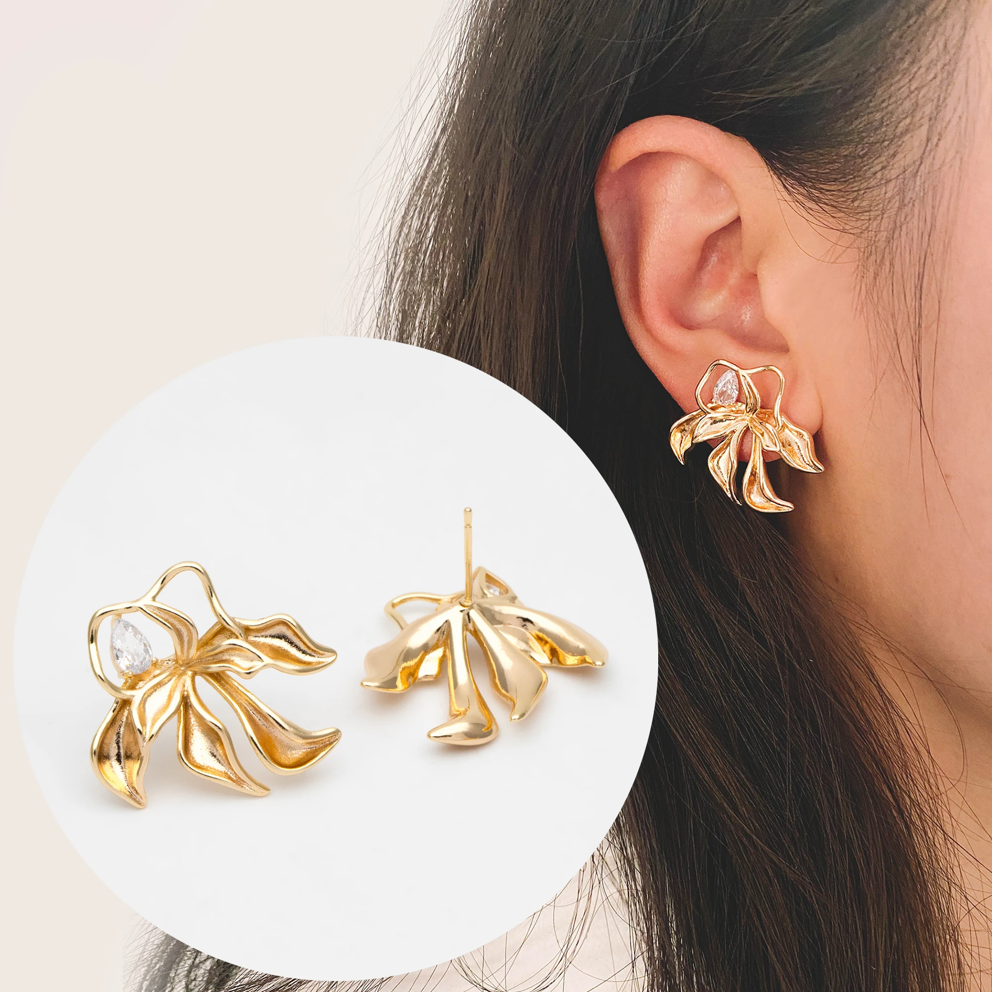 

4pcs CZ Paved Leaf Earring, Flower Ear Posts, Dainty Earrings, For Jewelry Making Diy Material Supplies (GB-3425)