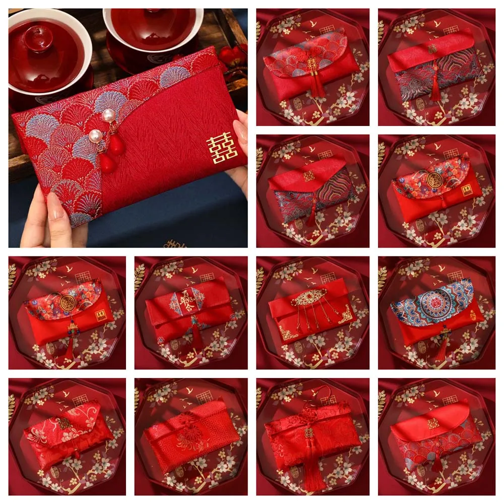 New Year Blessing Words Brocade Red Envelope Brocade Cloth Tassel Embroidery 2025 Money Pocket Best Wishes Spring Festival