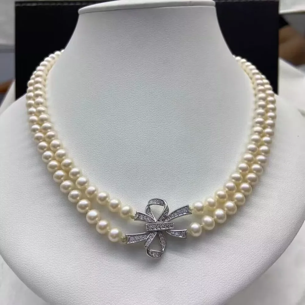 Gorgeous two row AAA9-10mm round South Sea white pearl necklace 18/19inch