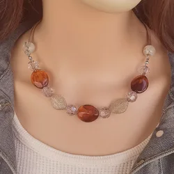 Women's Elegant Acrylic Beaded Necklace with Leather Cord - Vintage Style Jewelry for Women Everyday Wear