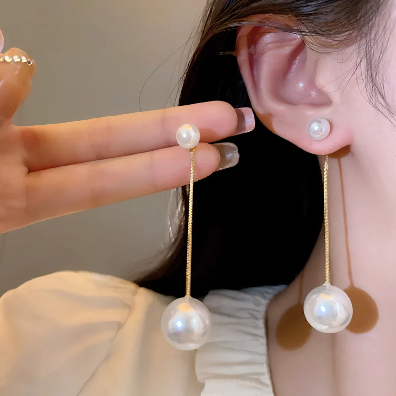 White Imitation Pearl Big Chain Tassel Long Drop Earrings for Women Gold Color Ear Jewelry Trend Statement Girl Gift