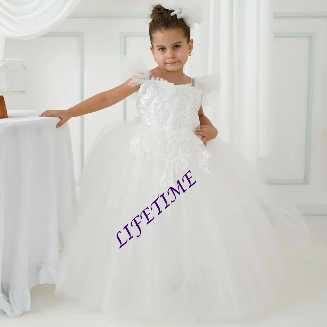 Sukienki dla dziewczynek na wesele z aplikacjami, tiulowe, z kokardą, do ziemi, księżniczka, druhna, sukienka na Pierwszą Komunię Świętą, na zamówienie, białe.