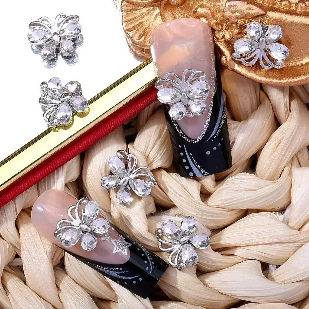 

12 Butterfly Nail Accessories Silver Three Dimensional Butterfly Alloy Diamond Nail Accessories