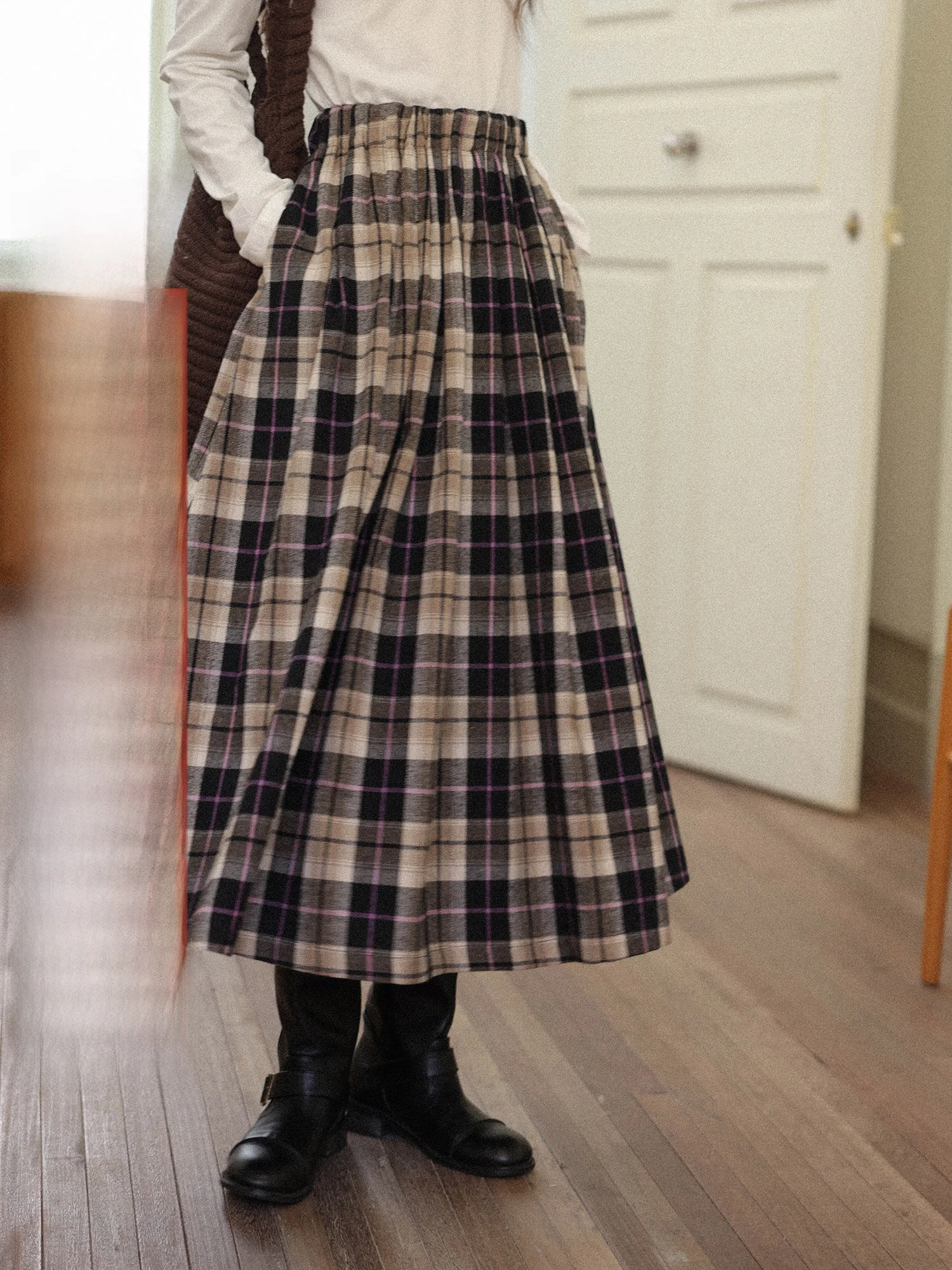 

Ретро-юбка А-силуэта в клетку с высокой талией, плиссированная, стройнящая, весна 2026, новая повседневная женская юбка миди