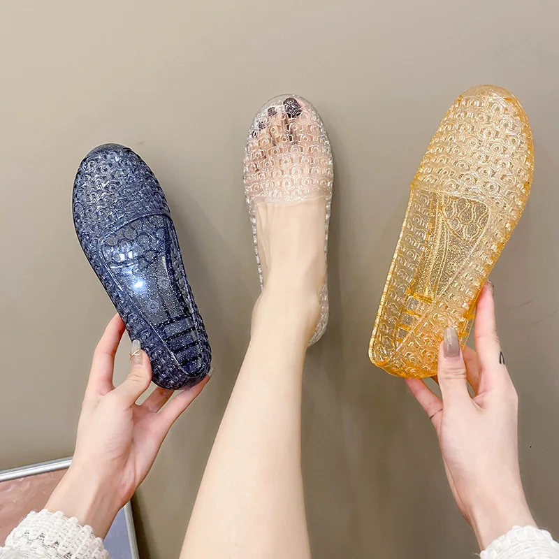 XIHAHA Fashion Beach Flat Woman Porous Shoes Plastic Crystal Jelly Shoe Hollow Mesh Sandals Mother Shoes Sneaker Women's Shoes