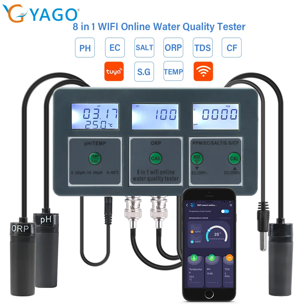 

8 in 1 WiFi Tuya Aquarium Water Quality Tester Smart PH Meter ORP/TDS/EC/SALT/TEMP Monitor for Drinking Water Swimming Pool