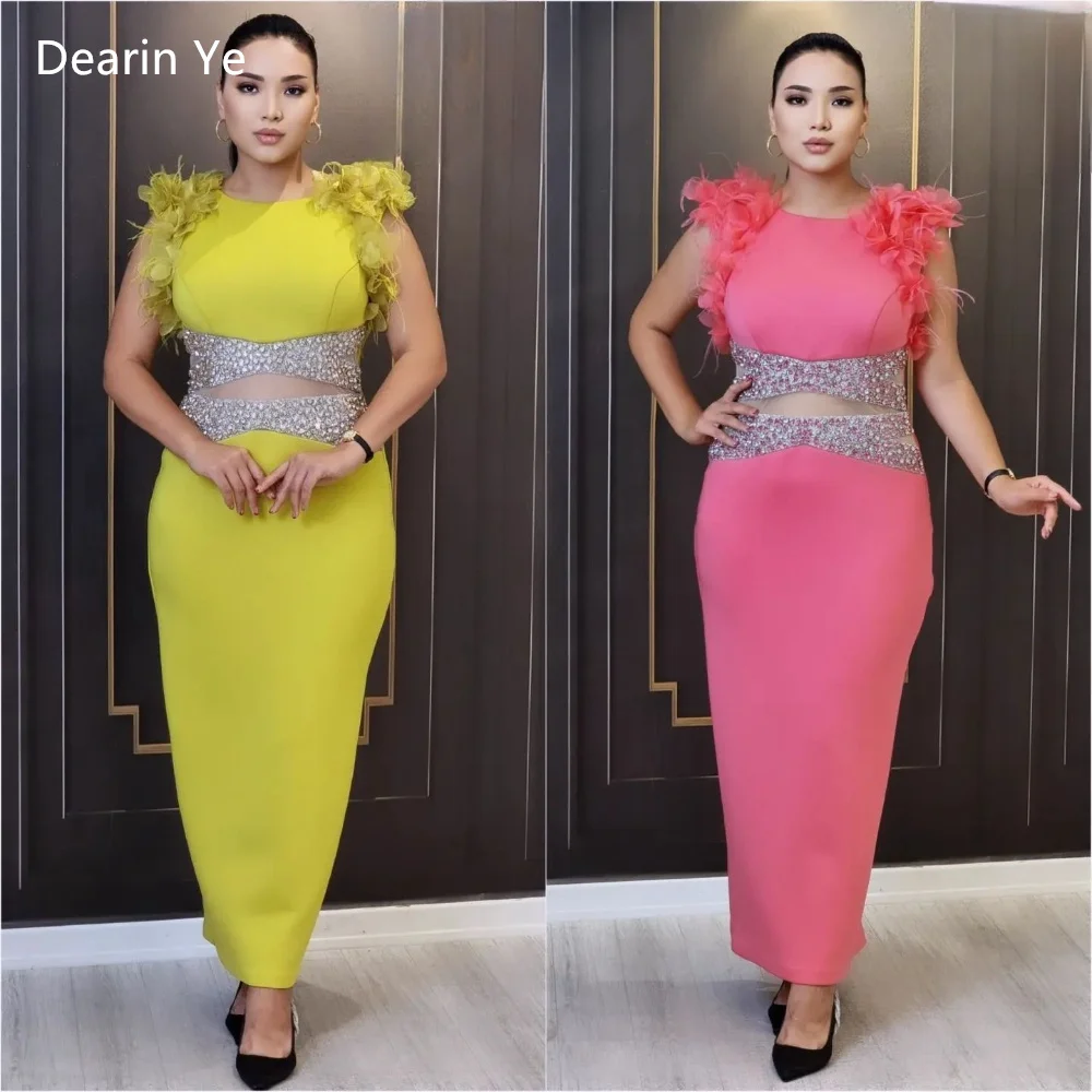 

Saudi Arabia Prom Gown Evening Dearin Scoop Neckline Column Ankle Length Skirts Sequin Applique Sleeveless Feather Bead Bespoke