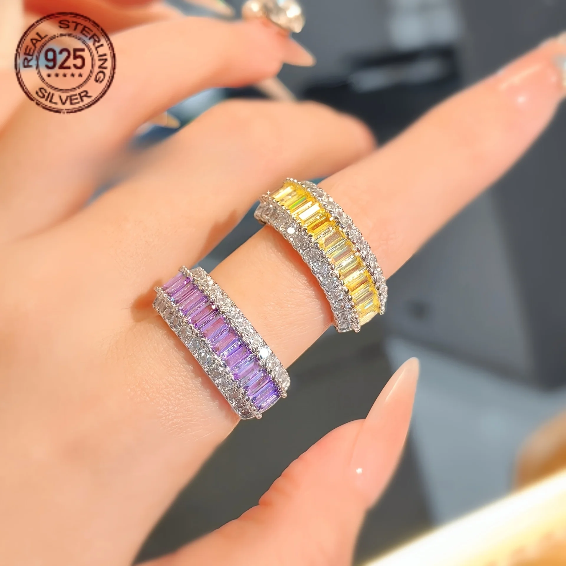 

New Noble Luxury 925 Silver Jewelry Yellow/Purple Rings Micro Inlaid Full Zircon Ring Engagement Row Ring For Women