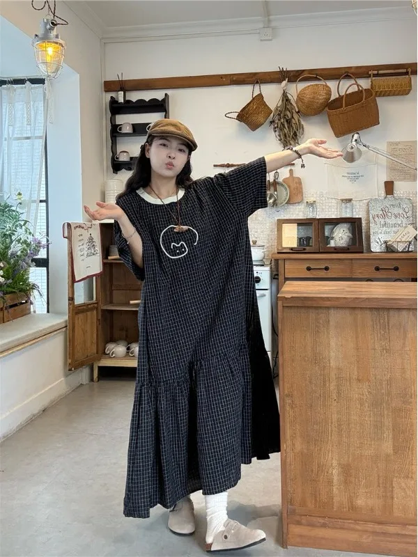

plus Size Retro Plaid Short Sleeve Dress Summer New Loose Slimming Lazy Style Casual Knee-Length Dress Korean Style Commute