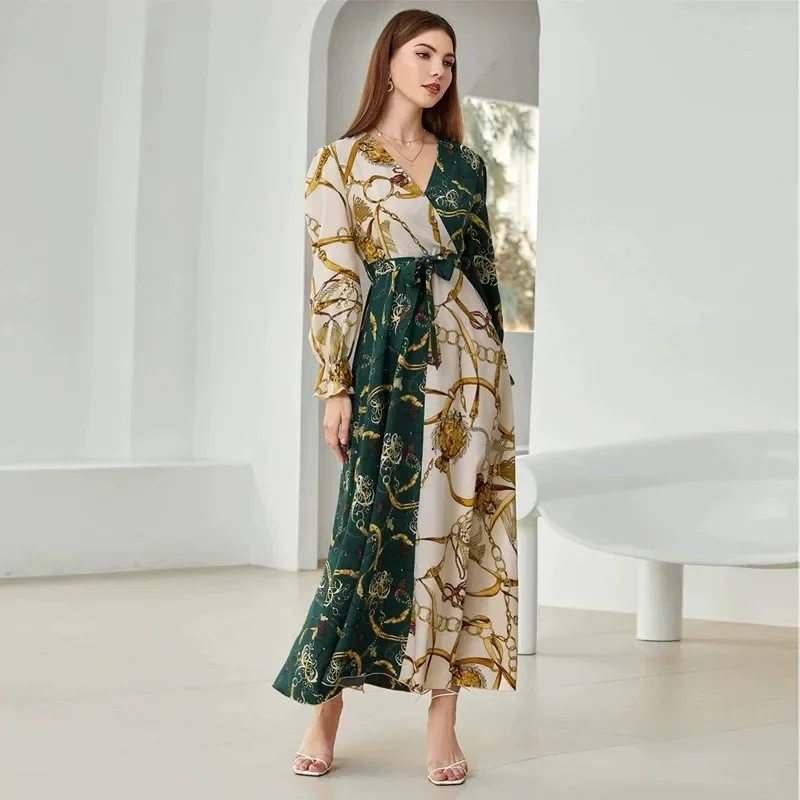 Women Eid Muslim Dresses abaya Long Sleeve V Neck Party Dress elegant Print Vestidos High Street Belt Abayas Dubai maxi robe