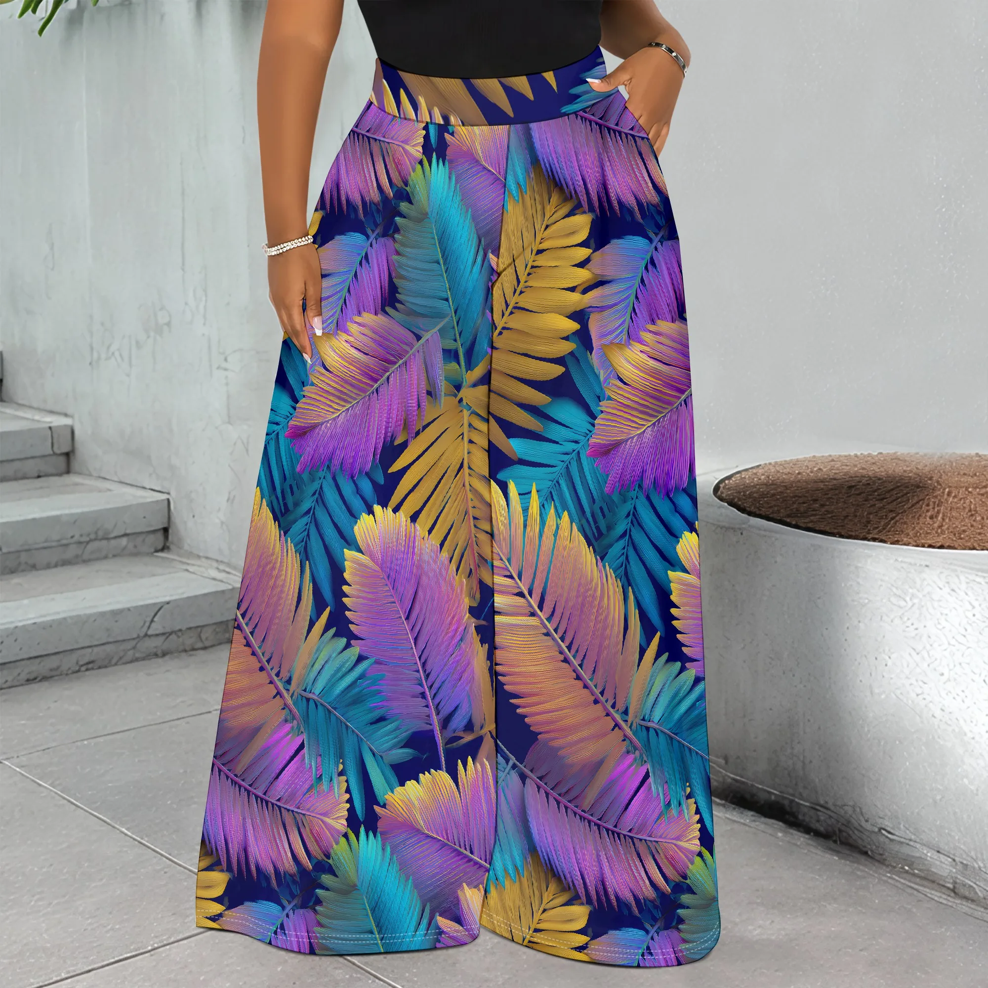 Tropical Leaf Print Wide Leg Pants Colorful Feather Pattern Trousers High Waist Palazzo Pants for Women Vacation Beach Wear
