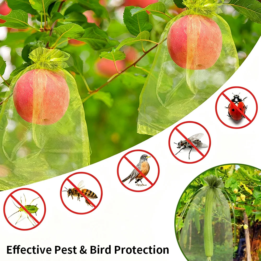 100Pcs Garden Fruit Protection Net Cover 7.9×11.8in Drawstring Mesh Anti‑Bird Insect Bags for Mango Grape Apple Vegetables
