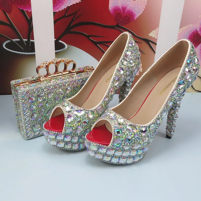 

BaoYaFang AB Bling crystal Bridal Wedding shoes and purse for Women Shining Rhinestone High Pumps shoes female Open Toe