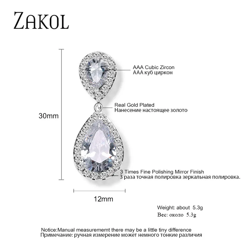 ZAKOL Nickle Free Fashion Classic Water Drop Crystal Zirconia Dangle Earrings Bridal Wedding Jewelry for Women Wholesale