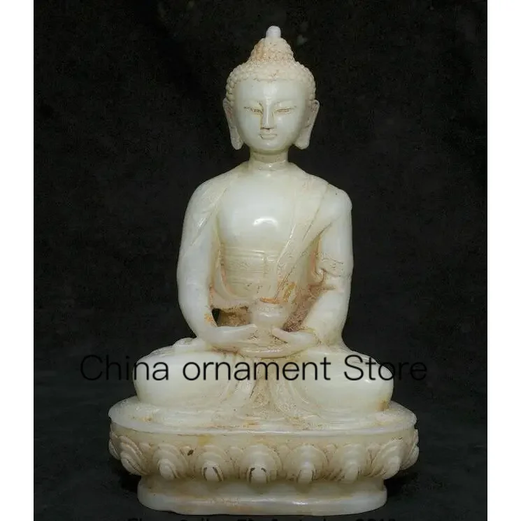 

8" Old Natural White Jade Carving Tibet Shakyamuni Amitabha Buddha Lotus Statue