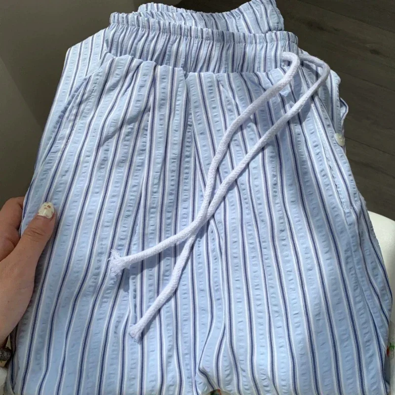 Korean Series Girl's High Sense Stripe Pajama Pants Women 2024 New Summer Home Trousers Leisure Walking Pants Can Be Worn out...