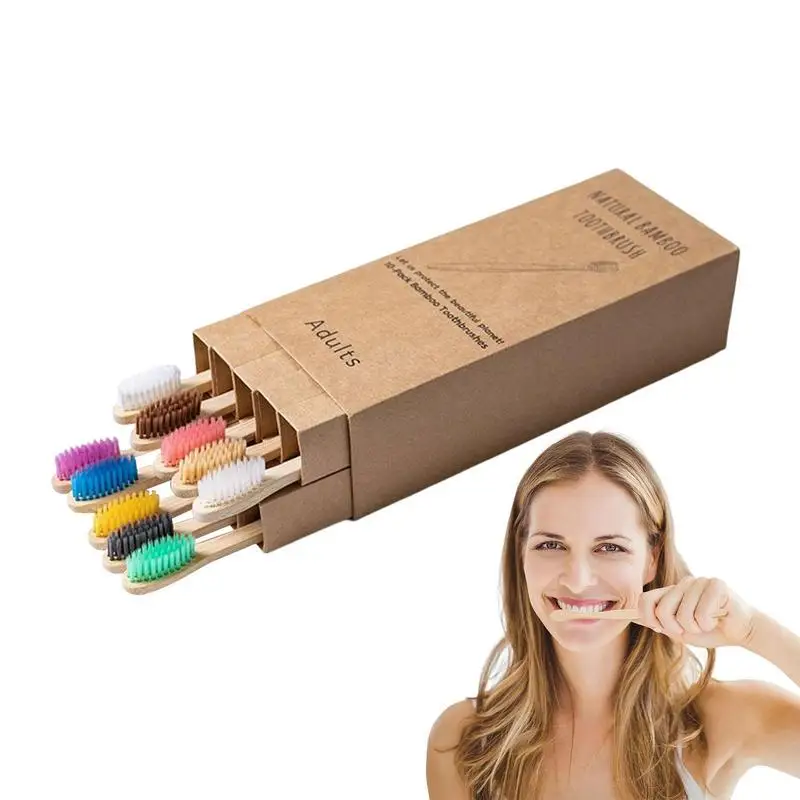 10pcs Colorful Natural Bamboo Tooth Brushes No Plastic Eco Friendly Suitable For Sensitive Gums And Protection Of Dental Care