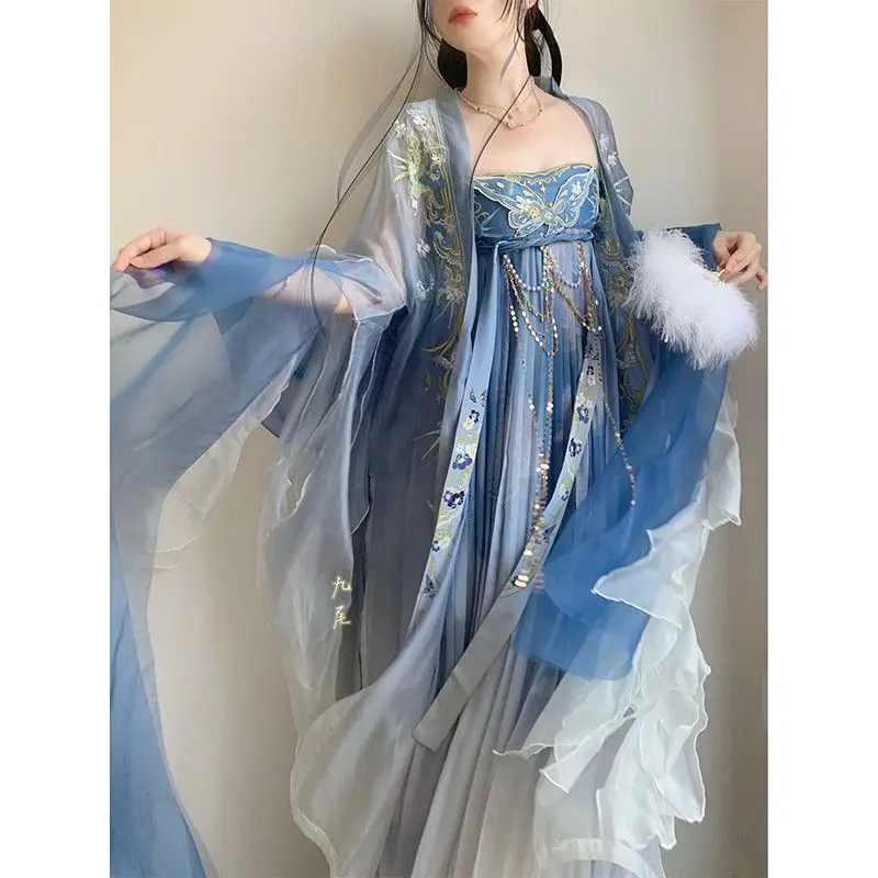 Blue Embroidered Hanfu Women's Traditional Chinese Style round Neck Robe for Girls Spring Summer Adult Performance Gown