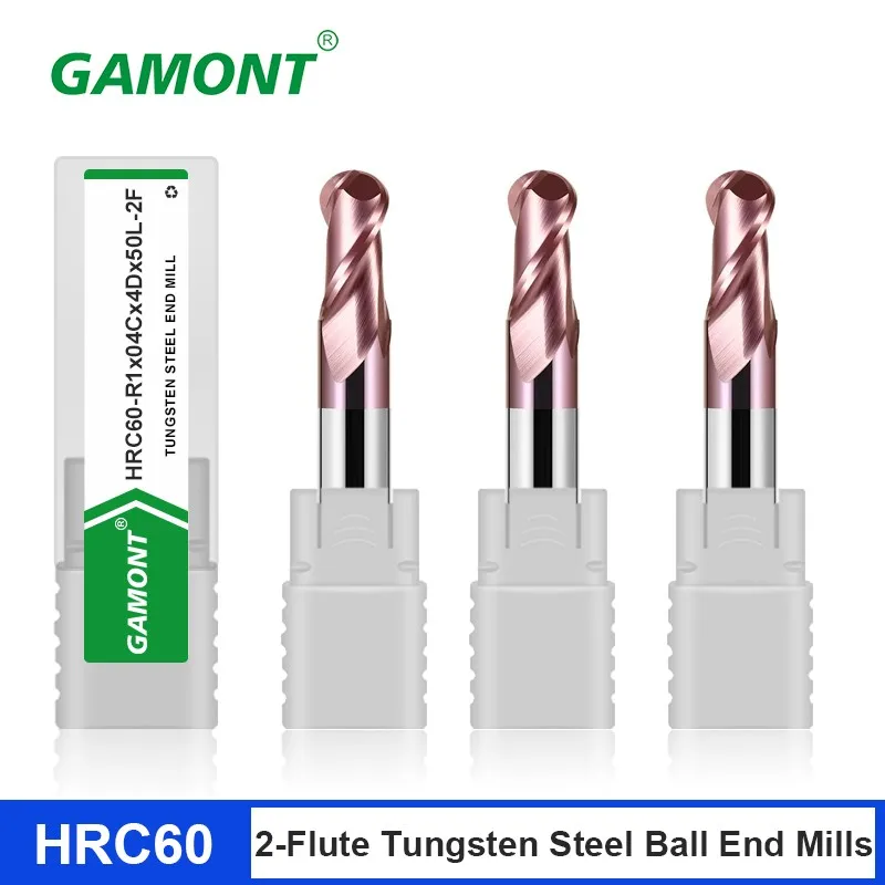 GAMONT HRC60 Nano Coating Tungsten Steel Carbide 2-Flute Ball End Milling Cutter CNC Engraving Machine Endmill Tools