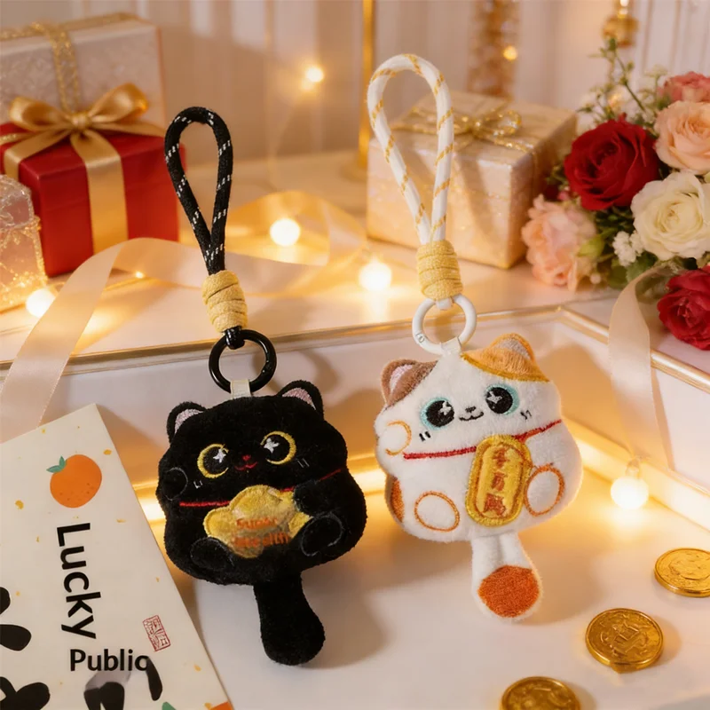 Lucky Cat Plush Keychain Adorable Mascot Pendant for Bag Lanyard or Keys Bring Good Luck Charm Perfect New Year or Everyday Gift