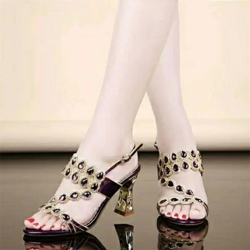 High Heels Temperament Diamond Sandals Summer Woman Party Shoes Fashion Brick Crystal Thick Heel Square Heel Sandals