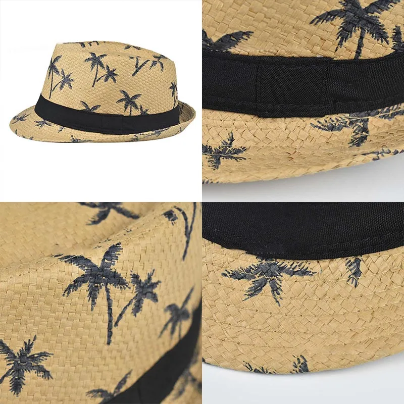 Linen Woven Jazz Straw Hat Men And Women Models Coconut Tree Pattern Sun Hat Summer Beach Travel Sunscreen Ribbon Hat