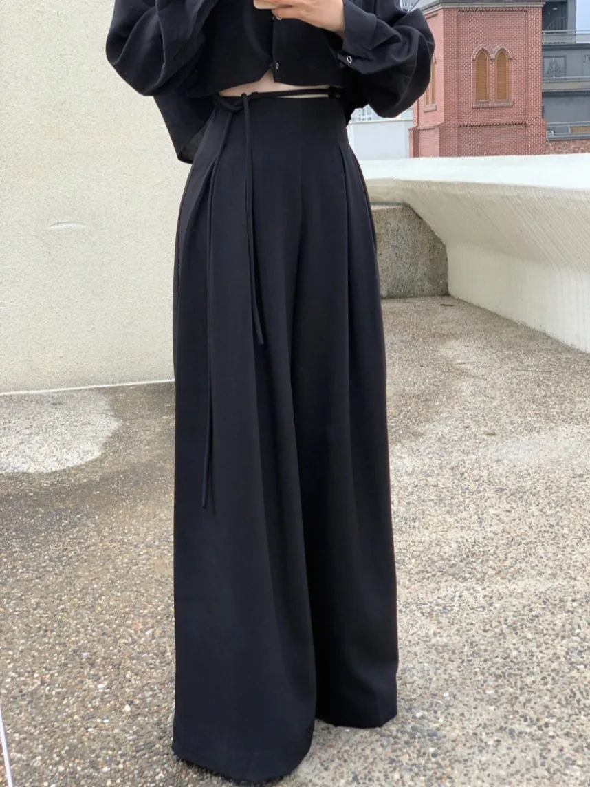 Pantaloni casual dal design Dstring a vita alta chic Pantaloni versatili lunghi fino al pavimento pieghettati per le giovani donne pendolari