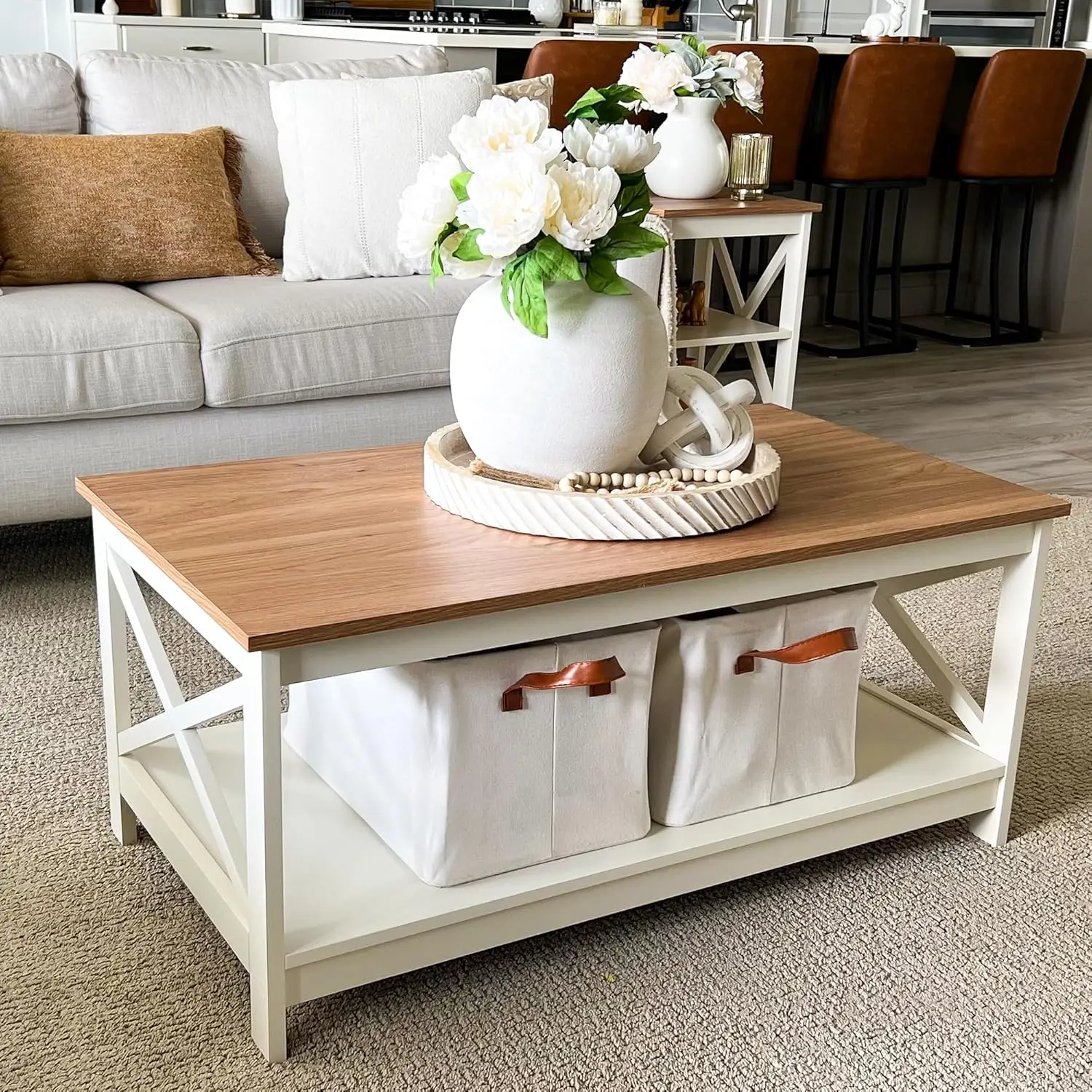 VILLA Coffee Table - Modern Coffee Tables with Storage for Living Room Shelf 2 Tiers, Farmhouse Coffee Table Set