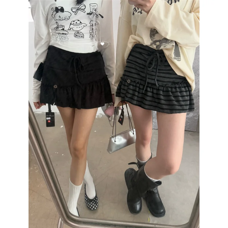 

Slimming High Waist A-Line Skirt with Pleated Design in Light ey And Bla Stripes Casual Sle Polyester Fiber