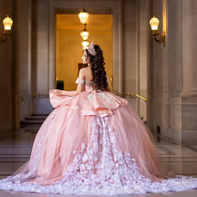 Doymeny-vestidos rosa princesa quinceanera para menina, vestido de baile, vestido doce 16, apliques de miçangas, renda, aniversário, 15ª festa, 2023