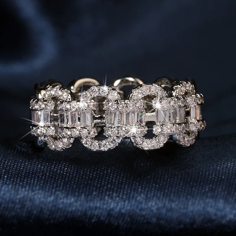 

NEW Classic Openwork Pig's Nose Geometric Diamond Couple Rng For Women Silver-Plated Geometric Engagement Bridal Gift Jewelry