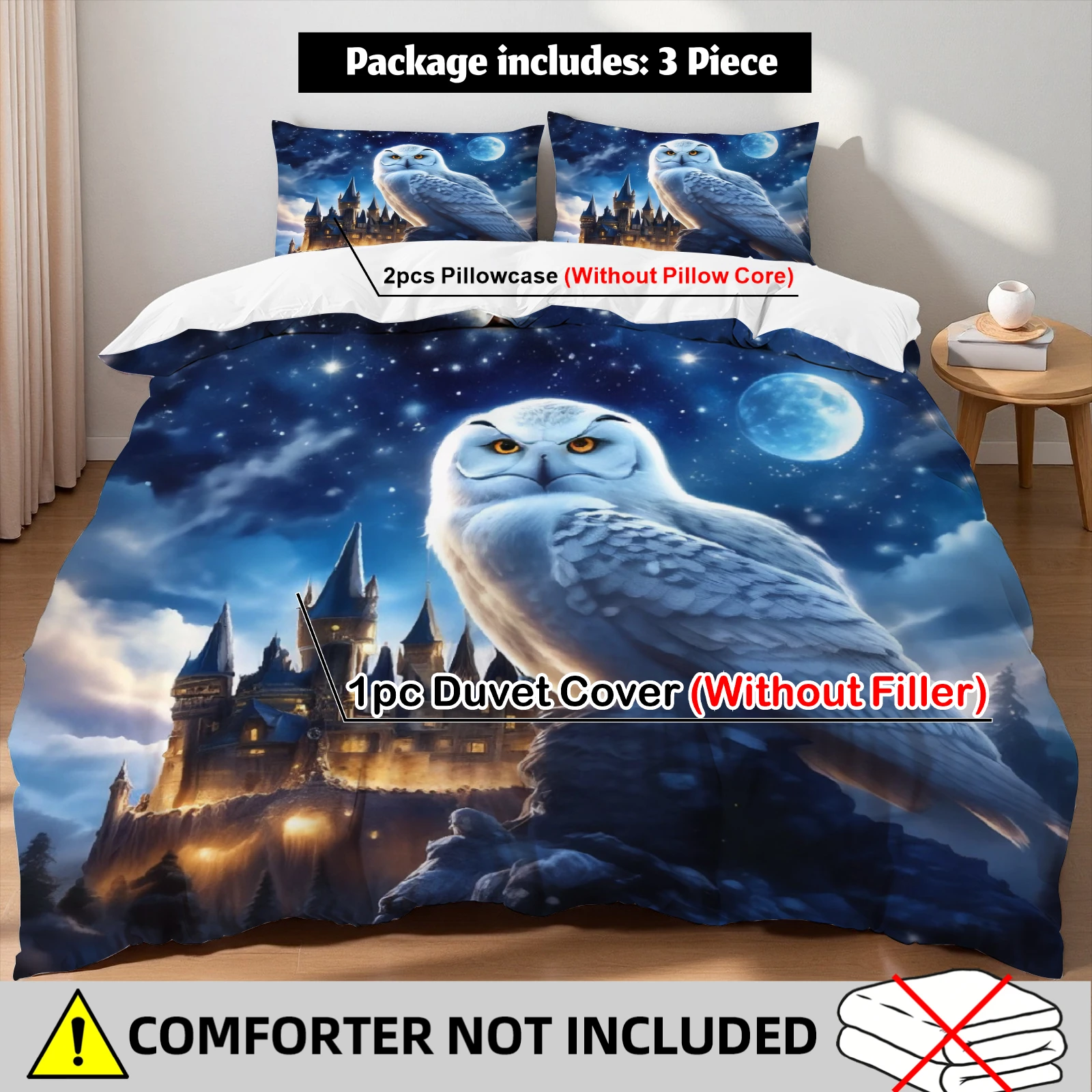 Owl Castle Bedding Set Magic Moonlight Fantasy Duvet Cover Set With Pillowcases For Teens Kids Wizard Bedroom Twin Queen King