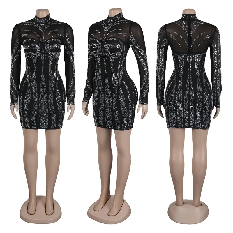 Vestidos de cumpleaños con diamantes de imitación y diamantes de cristal para mujer, vestido elegante de lujo para fiesta nocturna, vestido ajustado de manga larga transparente con retazos de malla