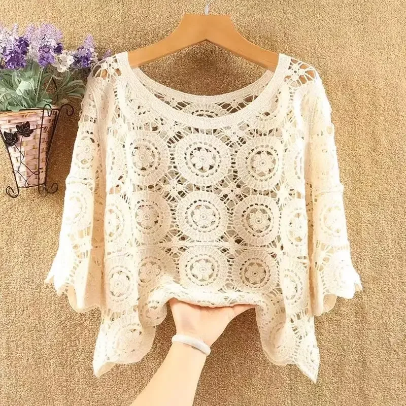 Women 2024 New Spring Summer New Hook Flower Hollow Loose Pullovers Female Shawl Knitted Tops Ladies Short Jumper Sweater Tops