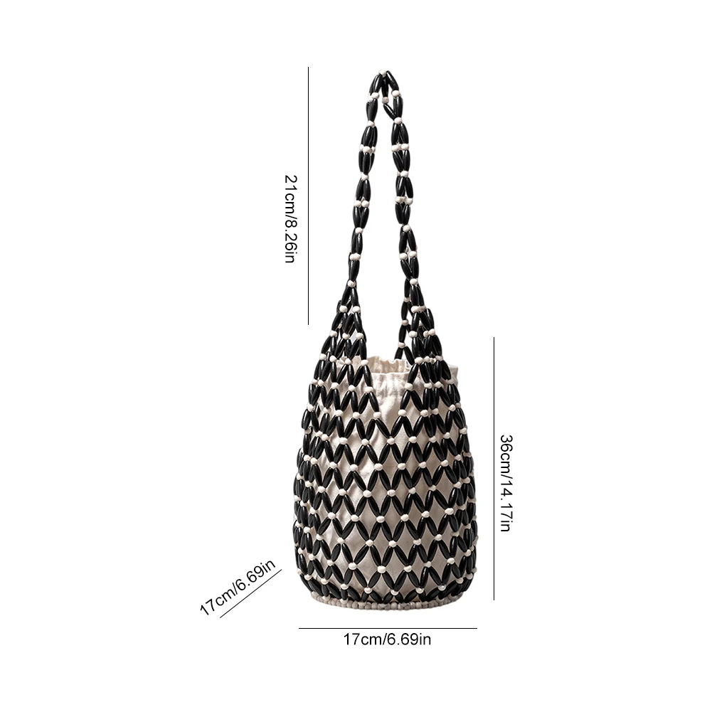 

Wooden Bead Woven Hand Bag Hollow-out Tote Bag Bucket Shoulder Bag Handmade Shoulder Bag Casual Beach Handbag for Women