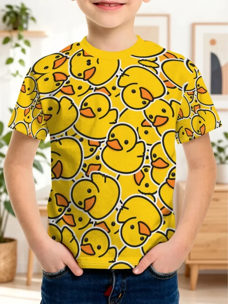 Funny Kids' Rubber Duck Pattern Print T Shirt Crew Neck Short Sleeve Cute Casual Streetwear Top For Boys Clothes