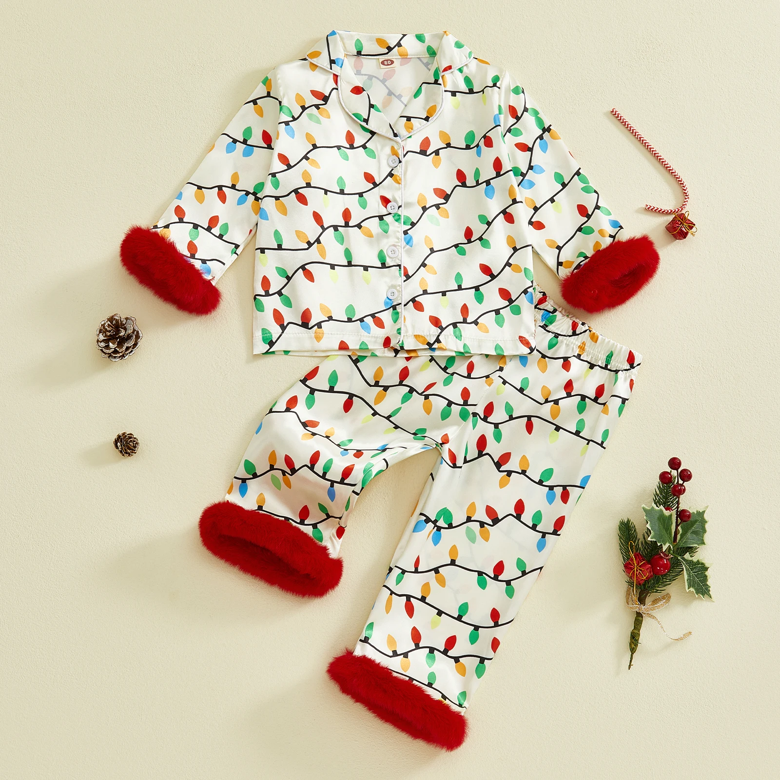 1-9Y Kid Christmas Satin Pajamas Set Light String Print Long Sleeve Lapel Button Down Tops with Pants Sleepwear