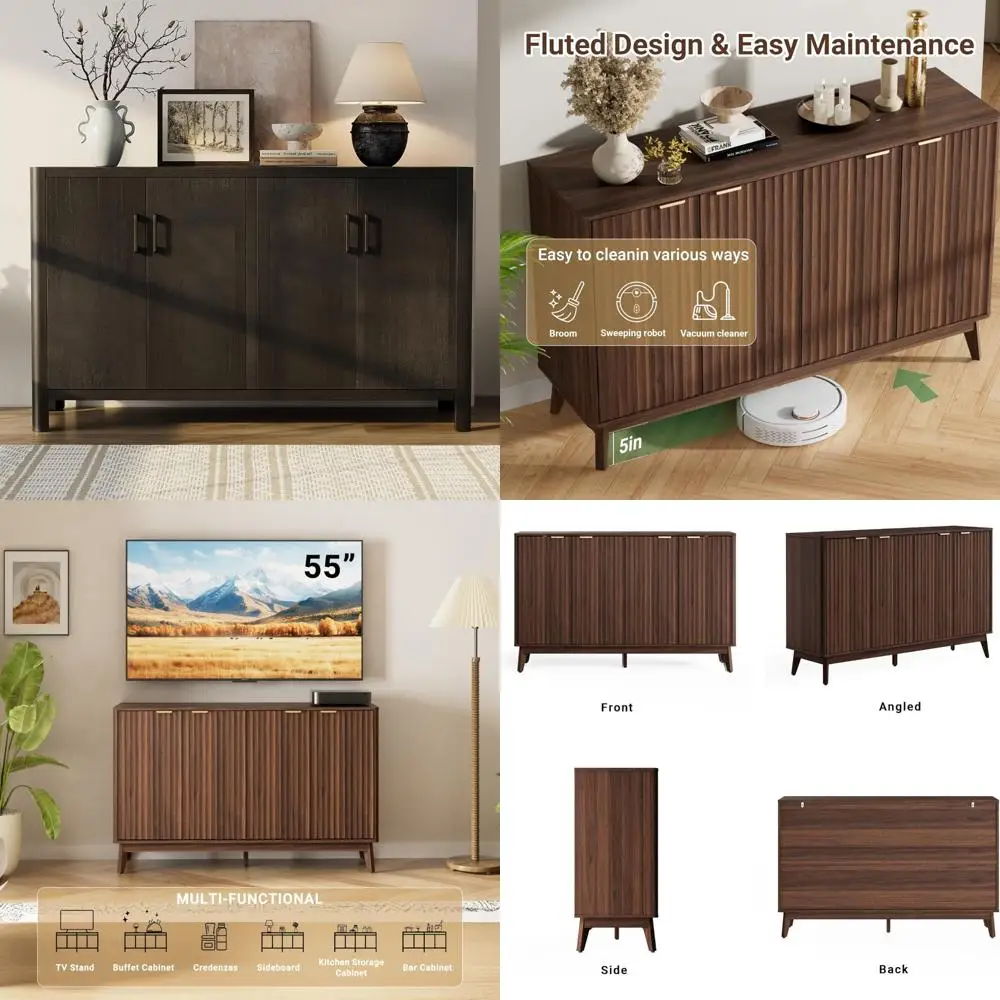 rustic 4-door buffet cabinet with natural distressed finish for living room and kitchen storage