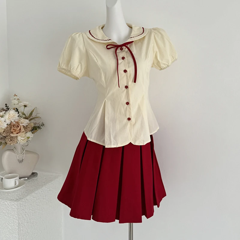 

Summer Sweet Two Piece Sets Women Bandage Peter Pan Collar Solid Tops Red Pleated Bright Colors High Waist Female Mini Skirts