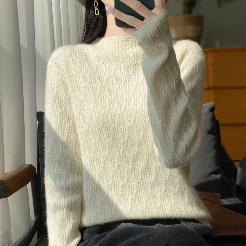 100% Merino Wool Sweater Women's Mock‑Neck Diamond Knit Cut‑out Jacquard Pullover Sophisticated Elegant Solid‑Color Knit Top
