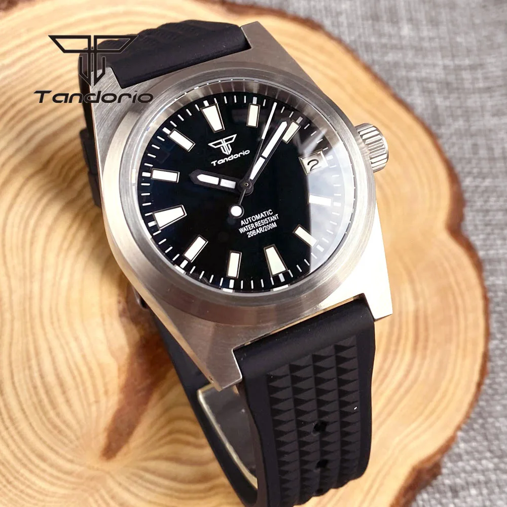 Tandorio 38mm Fashion NH35A 20bar Automatic Men\'s Watch Luminous Sunburst Dial Brushed Case AR Sapphire Crystal Rubber Strap