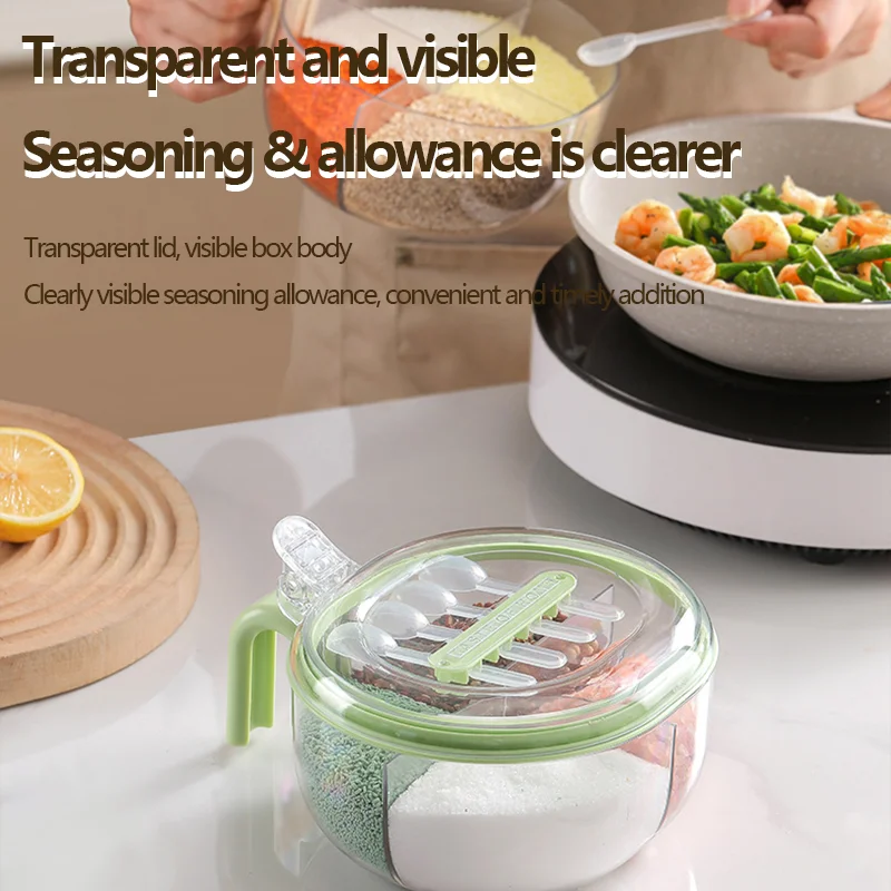 

Household Seasoning Box With Spoon Divider 4-in-1 Seasoning Seal Set Household Moisture-Proof Kitchen Seasoning Box With Lid