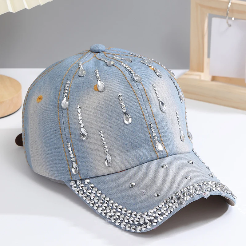 Baseball Cap for Women Sequins Rhinestone Droplets Casual Sports Cap Female Denim Cloth Adjustable Hat Sunshade Hip Hop